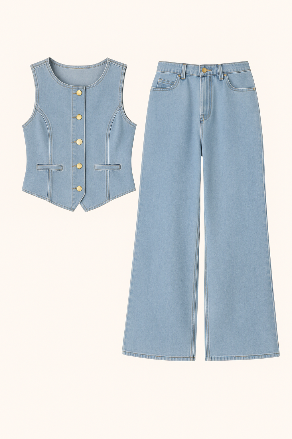 Mouwloze denim top / wijde jeans