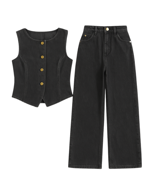 Sleeveless Denim Top / Wide-Leg Jeans