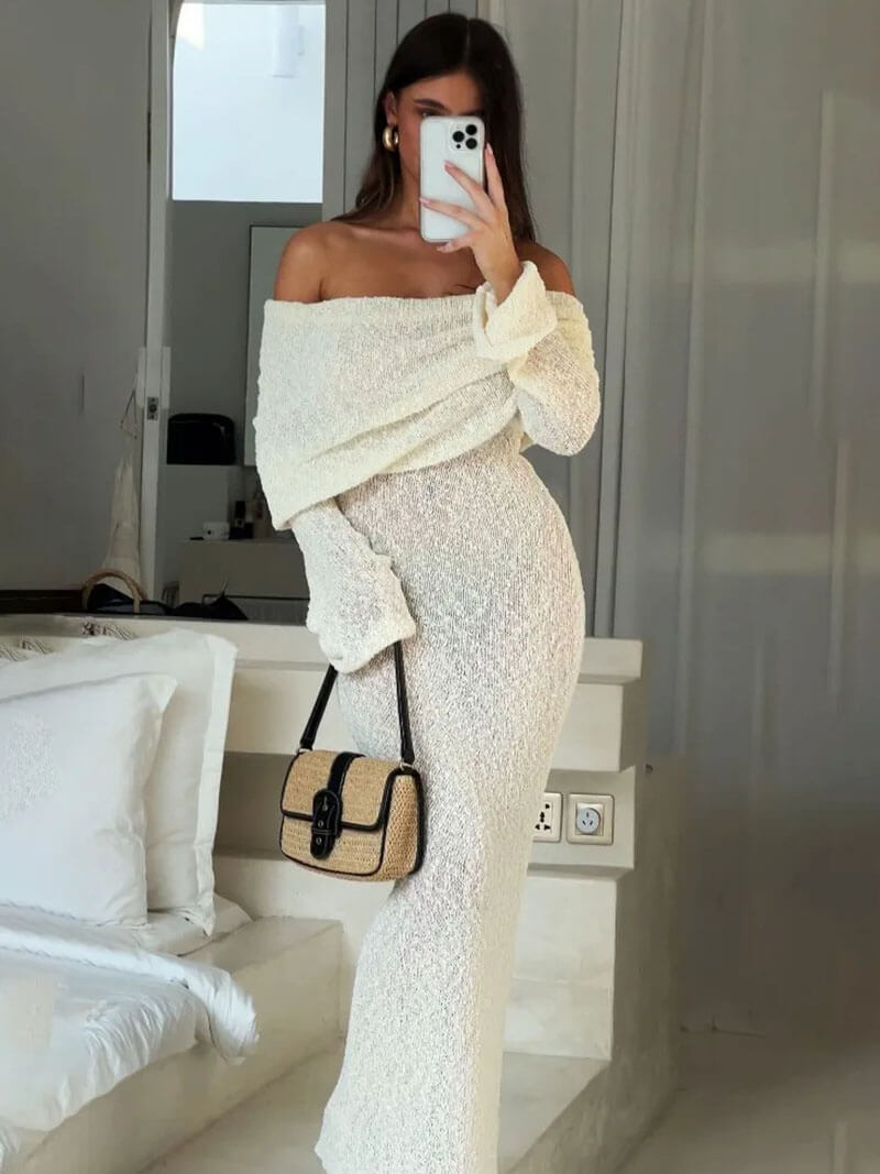 Off-Shoulder Glitter Maxi Dress