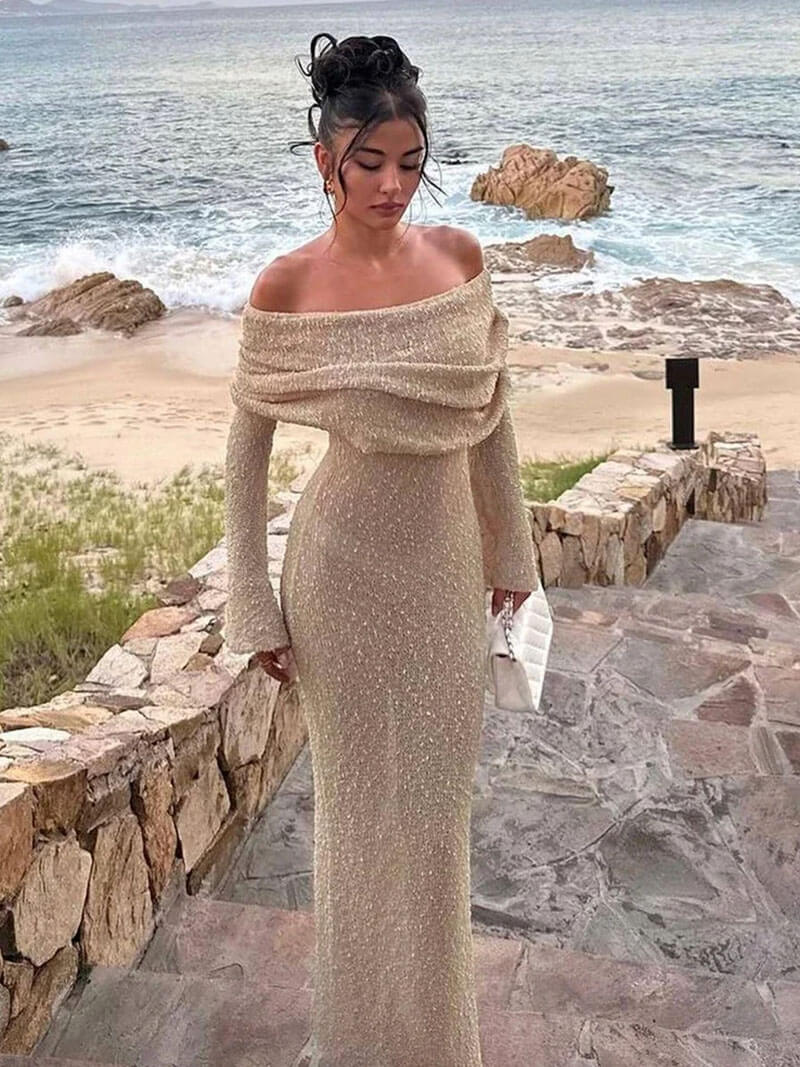 Off-Shoulder Glitter Maxi Dress