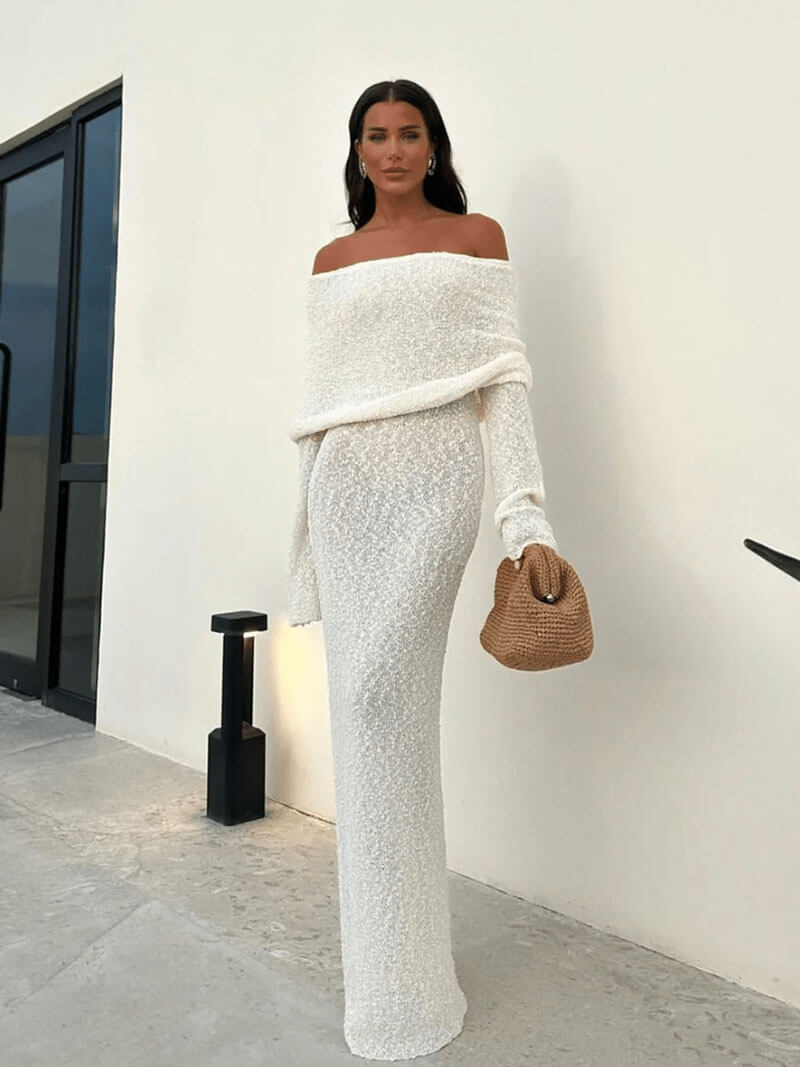 Off-Shoulder Glitter Maxi Dress